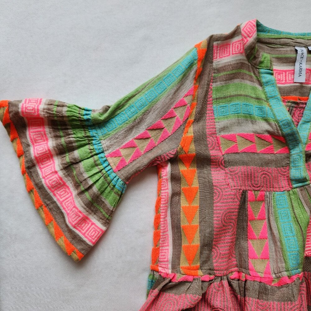 Colorful Neon Aztec Geometric Mini Babydoll Dress Bell Sleeves Summer Coquette - Picture 4 of 10